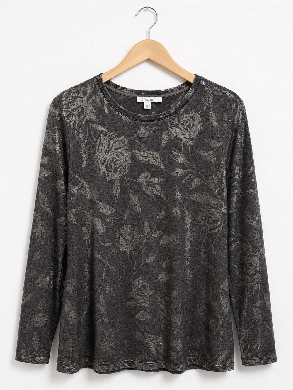 NWT Chico's Touch of Cool Floral Foil Layer Tee Silver Gray Size 3 XL